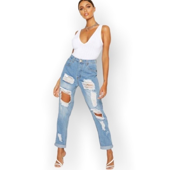 Boohoo Denim - Boohoo NWT Sophie High Waist Distressed Jeans Women Light Wash Ripped Straight 2
